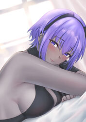  absurdres bare_shoulders black_gloves black_hairband black_leotard blush breasts center_opening closed_mouth colored_skin commentary_request dark-skinned_female dark_skin fate/grand_order fate/prototype fate/prototype:_fragments_of_blue_and_silver fate_(series) female fingerless_gloves gloves grey_skin hair_between_eyes hairband hassan_of_serenity_(fate) highres kueru_1285 leotard looking_at_viewer medium_breasts purple_eyes purple_hair sideboob simple_background smile solo very_dark_skin 