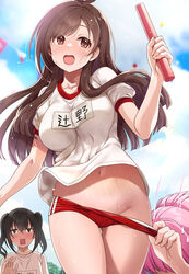  #unicus_(idolmaster) 3girls accidental_exposure assisted_exposure black_hair blush breasts brown_eyes brown_hair bunting buruma buruma_pull clothes_pull collarbone commentary_request day duplicate groin gym gym_shirt gym_uniform highres holding idolmaster idolmaster_cinderella_girls large_breasts long_hair medium_breasts mk_(mod0) multiple_girls name_tag navel open_mouth outdoors pink_hair pixel-perfect_duplicate pulling_another&#039;s_clothes rectangular_mouth red_buruma red_eyes relay_baton running sharp_teeth shirt short_sleeves sidelocks stomach straight_hair sunazuka_akira sweat teeth tripping tsujino_akari twintails very_long_hair wavy_mouth yumemi_riamu 