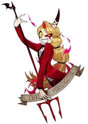  absurdres black_bow black_bowtie black_lips blonde_hair blush_stickers bow bowtie charlie_morningstar colored_sclera demon demon_girl demon_horns english_commentary female hazbin_hotel highres horns long_hair looking_at_viewer p_(pm_611a) pale_skin red_sclera red_suit smile suit tuxedo yellow_sclera 