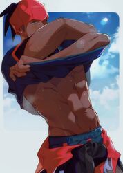  1boy abs bara black_hair black_shirt black_shorts blush chariko clothes_around_waist clothes_lift dark-skinned_male dark_skin dynamax_band headband jacket jacket_around_waist male_focus muscular muscular_male navel nipples one_eye_closed orange_headband orange_headwear pectorals pokemon pokemon_swsh raihan_(pokemon) shirt shirt_lift short_hair shorts solo sweat 