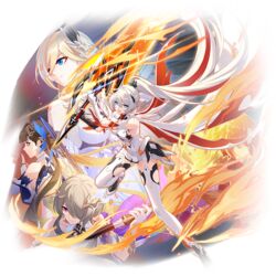  4girls ahoge bianka_durandal_ataegina bianka_durandal_ataegina_(palatinus_equinox) blonde_hair blue_eyes brown_eyes brown_hair china_dress chinese_clothes dress fire flaming_sword flaming_weapon full_body gloves grey_hair hair_over_one_eye holding holding_scythe holding_sword holding_weapon honkai_(series) honkai_impact_3rd kiana_kaslana kiana_kaslana_(herrscher_of_flamescion) li_sushang li_sushang_(jade_knight) light_brown_hair long_hair looking_at_viewer multiple_girls official_art open_mouth purple_eyes rita_rossweisse rita_rossweisse_(spina_astera) scythe short_hair smile sword third-party_source very_short_hair weapon white_dress white_gloves white_hair 