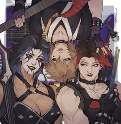  3girls black_hair black_metal_junker_queen breasts choker cleavage collar corpse_paint drumsticks electric_guitar facepaint fingerless_gloves gloves guitar heavy_metal highres industrial_zarya instrument junker_queen_(overwatch) kiriko_(overwatch) microphone multicolored_hair multiple_girls official_alternate_costume overwatch overwatch_2 shadowyahaha smile spiked_collar spikes streaked_hair torn_clothes visual_kei visual_kei_kiriko zarya_(overwatch) 