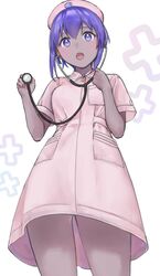  :o cowboy_shot dark-skinned_female dark_skin dress fate/grand_order fate_(series) female foreshortening from_below hands_up hassan_of_serenity_(fate) hat highres holding holding_stethoscope hyakuashi2525 light_blush looking_at_viewer looking_down lower_teeth_only nurse nurse_cap open_mouth pink_dress pink_hat purple_eyes purple_hair short_hair short_sleeves simple_background solo stethoscope teeth upskirt white_background 