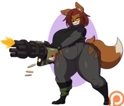  2023 anthro belly big_belly big_breasts black_boots black_clothing black_footwear black_gloves black_handwear black_topwear bodysuit boots breasts canid canine clothed clothing dewwydarts dipstick_tail female footwear fox fur gatling_gun gloves grey_bodysuit grey_clothing grey_skinsuit gun hair handwear hi_res holding_object holding_weapon huge_breasts huge_thighs kill_count machine_gun maddie_(dewwydarts) mammal markings minigun muzzle_flash orange_body orange_fur overweight patreon patreon_logo ranged_weapon red_hair shooting shooting_gun simple_background simple_eyes skinsuit slightly_chubby slightly_chubby_anthro slightly_chubby_female solo spent_casing standing tail tail_markings tally_marks thick_thighs tight_clothing topwear torn_clothing weapon western_tally_marks yellow_eyes 