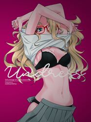  arms_up black_bra black_panties blonde_hair blue_eyes bra breasts clothes_lift comiket_97 cover cover_page dekomegane doujin_cover female glasses grey_skirt highres long_hair looking_at_viewer medium_breasts mole mole_on_breast navel open_clothes open_skirt original panties pleated_skirt purple_background red-framed_eyewear sasetsu shirt shirt_lift simple_background skirt solo thick_eyebrows underwear undressing upper_body white_shirt 