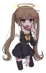  black_dress black_thighhighs blood blush brown_eyes brown_hair dress female highres injury kanikan long_hair long_sleeves mini_wings musk neckerchief open_mouth original sailor_collar sailor_dress scar scar_on_leg self-harm self-harm_scar sharp_teeth simple_background solo teeth thighhighs upper_teeth_only very_long_hair white_background wings wrist_cutting yellow_neckerchief 