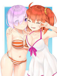  2girls ahoge arm_around_shoulder armpits bikini blue_background blush border breasts cleavage closed_eyes collarbone commentary_request cosplay costume_switch fate/grand_order fate_(series) fujimaru_ritsuka_(female) fujimaru_ritsuka_(female)_(brilliant_summer) fujimaru_ritsuka_(female)_(brilliant_summer)_(cosplay) hair_ornament hair_over_one_eye hair_scrunchie halterneck highres hirota_fruit large_breasts looking_at_viewer mash_kyrielight mash_kyrielight_(swimsuit_of_perpetual_summer) mash_kyrielight_(swimsuit_of_perpetual_summer)_(cosplay) medium_breasts multiple_girls navel open_mouth orange_hair purple_eyes purple_hair scrunchie short_hair side-tie_bikini_bottom side_ponytail smile striped_bikini striped_clothes swimsuit thighs twitter_username v white_border 