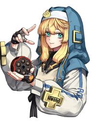  1boy androgyne_symbol black_gloves blonde_hair bridget ebi_pri_shrimp fingerless_gloves gloves guilty_gear guilty_gear_strive habit hood hood_up hooded_jacket hoodie jacket long_sleeves looking_at_viewer male_focus medium_hair open_clothes open_hoodie otoko_no_ko puffy_long_sleeves puffy_sleeves smile yo-yo 