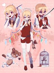  1boy absurdres ascot blonde_hair blood blush broken english_text flandre_scarlet genderswap_(ftm) heart heart-shaped_pupils highres holding holding_stuffed_toy holding_toy looking_at_viewer multiple_views pointy_ears puffy_short_sleeves puffy_sleeves red_eyes red_footwear red_shorts red_vest rule_63 shirt short_sleeves shorts stuffed_animal stuffed_toy symbol-shaped_pupils teddy_bear touhou toy vest vuluhappy white_shirt wings yellow_ascot 