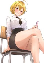  absurdres ahoge alternate_costume arm_support b1ack_illust bare_legs black_necktie black_skirt blonde_hair blush breasts cellphone chair crossed_legs feet_out_of_frame female from_behind highres holding holding_phone ibuki_tsubasa idolmaster idolmaster_million_live! large_breasts looking_at_viewer necktie phone red_eyes school_chair school_uniform shirt shirt_tucked_in short_hair simple_background sitting skirt sleeves_rolled_up smile solo thighs white_background white_shirt 