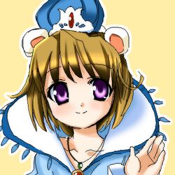  animal_ears arched_crown blue_crown brown_hair close-up crown female fushigiboshi_no_futago_hime hat jewelry looking_at_viewer lowres miruro_(futagohime) mouse_ears necklace oekaki purple_eyes r-type_nirvana short_hair smile solo waving 