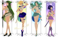  4girls alternate_costume alternate_footwear bare_legs bishoujo_senshi_sailor_moon black_hair blonde_hair blue_eyes blue_footwear blue_sailor_collar blue_skirt boots bridal_garter column_lineup commentary crop_top cross-laced_footwear full_body gloves green_eyes green_hair green_skirt green_wrist_cuffs hair_bun high_heels holding holding_staff joseph_lee kaiou_michiru knee_boots lace-up_boots long_hair long_legs magical_girl meiou_setsuna midriff multiple_girls name_connection object_namesake outer_senshi pink_eyes planet pleated_skirt purple_eyes purple_footwear purple_sailor_collar purple_skirt sailor_collar sailor_neptune sailor_pluto sailor_saturn sailor_senshi sailor_uranus saturn_(planet) shoes short_hair single_hair_bun skirt smile staff standing standing_on_one_leg strappy_heels sword ten&#039;ou_haruka tomoe_hotaru uranus_symbol very_long_hair very_short_hair weapon white_skirt wrist_cuffs 