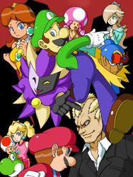  4girls 6+boys ^_^ alternate_costume angry aqua_eyes blonde_hair blue_eyes breasts brown_hair business_suit cap closed_eyes crown dimentio doll earrings eye_contact facial_hair fighting_stance formal gem geno gloves hat jester jewelry long_hair looking_at_another luigi mario mario_(series) mask moustache multiple_boys multiple_girls nakagawa_rui nintendo paper_mario pointing ponytail pose president_koopa princess princess_daisy princess_peach red_eyes rosalina_(mario) rosetta_(mario) star suit super_mario_bros. super_mario_bros._(film) super_mario_galaxy super_mario_land super_mario_rpg super_paper_mario suspenders toad toadette yoshi 