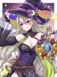  absurdres bare_shoulders belt black_dress black_hat blush breasts brown_belt cleavage commentary corrin_(female)_(fire_emblem) corrin_(female)_(halloween)_(fire_emblem) corrin_(fire_emblem) crossed_belts detached_sleeves dress earrings english_commentary female fingernails fire_emblem fire_emblem_fates fire_emblem_heroes grey_hair hair_between_eyes halloween halloween_costume hat highres jewelry kousetu0506 long_hair looking_at_viewer medium_breasts official_alternate_costume pointy_ears purple_nails red_eyes smile solo witch witch_hat 