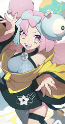  :d aqua_hair asymmetrical_legwear bare_shoulders bellibolt bow-shaped_hair breasts character_hair_ornament commentary female grey_pantyhose hair_ornament hata4564 hexagon_print highres iono_(pokemon) jacket long_sleeves looking_at_viewer magnemite medium_breasts multicolored_hair open_mouth pantyhose pink_hair pokemon pokemon_sv purple_eyes sharp_teeth simple_background single_leg_pantyhose smile solo teeth thigh_strap two-tone_hair upper_teeth_only white_background wide_sleeves yellow_jacket 