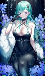  absurdres black_dress black_gloves black_pantyhose blue_flower blush breasts cleavage commentary covered_navel criss-cross_halter crystal dress earrings feather_boa feet_out_of_frame female flower glint gloves green_hair hair_behind_ear hair_ornament halterneck highres jewelry kairi_(miry666) large_breasts long_hair looking_at_viewer mole mole_on_breast necklace pantyhose parted_lips purple_eyes short_dress sitting smile solo swept_bangs taut_clothes taut_dress virtual_youtuber vspo! wrist_cuffs yakumo_beni 