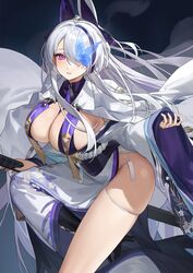  animal_ears azur_lane blue_butterfly braid breasts bug butterfly chinese_commentary cleavage clothes_lift clothes_pull commentary dress eyepatch female floral_print hair_ornament hair_over_one_eye high_heels highres holding holding_sword holding_weapon horns jacket japanese_clothes katana kimono large_breasts long_hair long_sleeves looking_at_viewer no_bra obi on_one_knee one_eye_covered panties parted_lips purple_eyes red_cucumber robe sash sheath sheathed shoes side_slit skindentation skirt skirt_lift skirt_pull solo sword tail thigh_strap thighs underwear unzen_(azur_lane) very_long_hair weapon white_hair wide_sleeves 