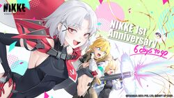  3girls black_leotard blonde_hair blue_eyes breasts cleavage closed_mouth confetti countdown drake_(nikke) elbow_gloves energy_cannon gloves goddess_of_victory:_nikke hand_on_own_hip highres holding holding_weapon laplace_(nikke) leotard looking_at_viewer matis_(nikke) maxwell_(mechanic_white)_(nikke) maxwell_(nikke) medium_breasts multiple_girls official_art ohisashiburi open_mouth red_eyes second-party_source short_hair sideboob smile surprised syuen_(nikke) weapon white_hair 