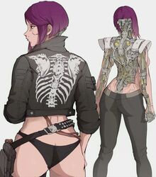  ass bare_back black_jacket black_pants breasts cyberpunk_(series) cyberpunk_2077 cyborg female highres jacket long_sleeves mechanical_parts multiple_views pants purple_hair science_fiction short_hair songbird_(cyberpunk) thighs white_background yoracrab 