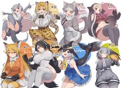  6+girls absurdres animal_ears bird_girl bird_wings black_hair blonde_hair blue_hair breasts cetacean_tail common_dolphin_(kemono_friends) dog_(mixed_breed)_(kemono_friends) dog_ears dog_girl dog_tail dolphin_girl emperor_penguin_(kemono_friends) extra_ears ezo_red_fox_(kemono_friends) feathered_wings fins fish_tail fox_ears fox_girl fox_tail grey_hair head_fins head_wings heterochromia highres jaguar_(kemono_friends) jaguar_ears jaguar_girl jaguar_print jaguar_tail jknor kemono_friends long_hair looking_at_viewer multiple_girls nintendo_switch otter_ears otter_girl otter_tail penguin_girl penguin_tail shoebill_(kemono_friends) short_hair simple_background small-clawed_otter_(kemono_friends) tail toeless_legwear walrus_(kemono_friends) wings 