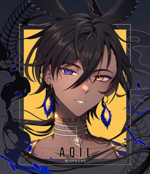  1boy animal_ears aqil_(hen-tie) asymmetrical_bangs bishounen black_hair blue_eyes blue_eyeshadow bone character_name collarbone commentary dark-skinned_male dark_skin deviantart_sample earrings english_commentary english_text eyelashes eyeshadow feather_earrings feathers gleam gold_choker grey_background hen-tie heterochromia hoop_earrings image_sample jewelry looking_at_viewer makeup male_focus open_mouth original short_hair smile smoke solo spikes teeth thick_eyebrows upper_body yellow_eyes 