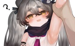  1other ? animal_ears arm_up armpits black_scarf blue_archive dokomon female grey_hair hair_between_eyes highres long_hair looking_at_viewer michiru_(blue_archive) neckerchief ninja oerba_yun_fang open_mouth portrait red_neckerchief scarf short_eyebrows simple_background sleeveless white_background yellow_eyes 