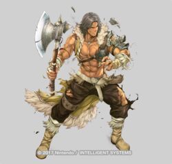  1boy armor atlas_(fire_emblem) axe boots broken_armor brown_pants fingerless_gloves fire_emblem fire_emblem_echoes:_shadows_of_valentia fire_emblem_heroes full_body gloves holding holding_axe male_focus mixed-language_commentary muscular muscular_male official_art pants pauldrons shoulder_armor single_pauldron torn_clothes yamada_koutarou 