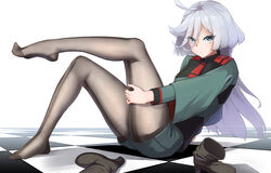  absurdres ahoge asticassia_school_uniform back-seamed_legwear blue_eyes boots brown_footwear checkered_floor feet female front-seamed_legwear grabbing_own_thigh green_jacket green_shorts grey_eyes grey_hair gundam gundam_suisei_no_majo hair_between_eyes high_heel_boots high_heels highres jacket legs light_frown long_hair long_sleeves looking_at_viewer miorine_rembran no_shoes pantyhose sanso_(oxygen) school_uniform seamed_legwear shorts shoulder_boards soles solo toes unworn_boots white_background 