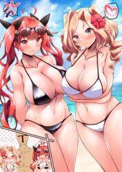  1boy 2girls admiral_(kancolle) ahoge anger_vein azur_lane beach bikini breasts cleavage commentary_request commission crossover eyewear_on_head flower hair_flower hair_ornament heart highres historical_name_connection honolulu_(azur_lane) honolulu_(kancolle) honolulu_(summer_accident?!)_(azur_lane) honolulu_(swimsuit_mode)_(kancolle) kantai_collection large_breasts multiple_girls name_connection official_alternate_costume pulumelo skeb_commission spoken_anger_vein spoken_heart swimsuit 