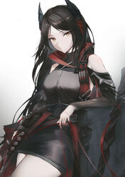  +_+ arknights black_hair black_shirt black_skirt black_sleeves breasts cowboy_shot demon_horns detached_sleeves female highres horns ines_(arknights) long_hair looking_at_viewer masai_no_senshi shirt skirt sleeveless sleeveless_shirt small_breasts solo thighs twitter_username white_background yellow_eyes 