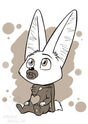  adriano_berjillos anthro black_nose canid canine clothed clothing costume detailed_background disney fennec_fox finnick_(zootopia) fox fully_clothed glistening glistening_eyes male mammal monochrome onesie pacifier signature sitting solo true_fox zootopia 