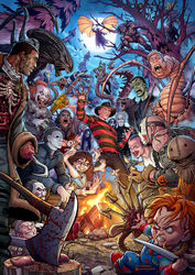  6+boys 6+others a_nightmare_on_elm_street alien alien:_isolation alien_(series) alien_vs._predator aliens_(1986) arm_blade armor axe beetlejuice blood blood_on_weapon blue_eyes breasts campfire candyman chainsaw character_request child&#039;s_play chucky claw_(weapon) claws clown clown_nose copyright_request crossover dreadlocks dress evil_grin evil_smile extra_mouth fangs fishnets frankenstein freddy_krueger friday_the_13th gauntlets ghostface gloves grin halloween halloween_(movie) hat hellraiser helmet highres hockey_mask holding holding_chainsaw it_(stephen_king) jacket jason_voorhees jeepers_creepers jigsaw_(character) knife laser laser_pointer_projection laser_sight leatherface long_hair long_sleeves machete mandibles mask mask_on_head michael_myers monster multiple_boys multiple_girls multiple_mouths multiple_others muscular neck_ruff nested_mouths open_mouth orange_hair patrick_brown pauldrons pennywise pinhead plasma_caster predator_(1987) predator_(character) predator_(series) predators_(2010) pyramid_head red_hair saw_(movie) scream_(movie) shirt short_hair shoulder_armor shoulder_cannon skull smile stitched_face stitches striped_clothes striped_shirt teeth the_creeper the_ring the_texas_chainsaw_massacre thigh_armor vampire weapon werewolf wrist_blades xenomorph 