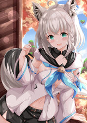  :d ahoge animal_ear_fluff animal_ears black_shorts blue_sky blush braid breasts cloud commentary_request day detached_sleeves female fox_ears fox_girl fox_tail green_eyes grey_hair hair_between_eyes hand_up highres hololive hood hood_down indoors long_hair long_sleeves medium_breasts navel ribbon-trimmed_sleeves ribbon_trim shirakami_fubuki shirakami_fubuki_(1st_costume) short_shorts shorts sky smile solo tail tree very_long_hair virtual_youtuber white_sleeves wide_sleeves xenon_(for_achieve) 