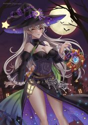  artist_name bare_shoulders black_dress black_hat breasts cleavage corrin_(female)_(fire_emblem) corrin_(female)_(halloween)_(fire_emblem) corrin_(fire_emblem) dress english_commentary feet_out_of_frame female fire_emblem fire_emblem_fates fire_emblem_heroes frilled_sleeves frills full_moon grey_hair grin halloween halloween_costume hat highres juliet_sleeves lantern large_breasts long_hair long_sleeves looking_at_viewer moon night night_sky off-shoulder_dress off_shoulder official_alternate_costume one_eye_closed parted_lips patreon_username pointy_ears puffy_sleeves red_eyes ryuuneart side_slit sky smile solo standing thighs very_long_hair witch witch_hat 