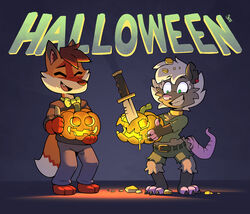  absurd_res american_opossum anthro belt bottomwear candlelight canid canine carving carving_knife clothing denim denim_bottomwear denim_clothing duo ferox_(feroxdoon) ffccomic food fox fruit halloween halloween_decoration halloween_theme hi_res holidays insane jack-o&#039;-lantern jeans knife laugh light male male/male mammal marsupial nonbinary_(lore) pants plant pumpkin red_fox silly silly_face smile true_fox virginia_opossum xander_(disambiguation) 