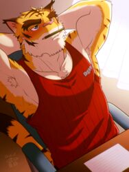  1boy armpit_hair armpits arms_behind_head bara desk forked_eyebrows furry furry_male highres huge_eyebrows male_focus morenatsu muscular muscular_male on_chair pectorals pencil pencil_as_mustache red_tank_top short_hair sidepec sitting solo striped_tank_top tank_top tiger_boy torahiko_oshima yowaifish 