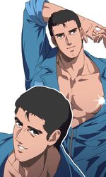  1boy abe_takakazu arms_up bara bare_pectorals black_eyes black_hair brown_eyes cleft_chin collarbone glowing_nipples highres kuso_miso_technique large_pectorals looking_at_viewer loose_hair_strand male_focus multiple_views pectorals seductive_smile shirt smile thick_eyebrows yuu_(masarunomori) 