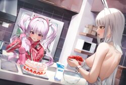  2girls absurdres alice_(nikke) animal_ear_headphones animal_ear_headwear animal_ears back backless_leotard baking_sheet blanc_(nikke) blunt_bangs blush bodysuit bowl breasts cake cleavage commentary cooking_pot counter dutch_angle fake_animal_ears food fruit gloves goddess_of_victory:_nikke hair_between_eyes headphones headset highres holding holding_bowl holding_pastry_bag impossible_bodysuit impossible_clothes indoors jacket kitchen latex latex_bodysuit leotard long_hair medium_breasts milk multicolored_clothes multicolored_gloves multiple_girls oven parted_lips pastry_bag pink_bodysuit pink_eyes pink_gloves pink_headphones pink_jacket playboy_bunny rabbit_ears shrug_(clothing) shuvi_(shuvi1125) sidelocks skin_tight standing stove strapless strapless_leotard strawberry strawberry_cake twintails two-tone_gloves upper_body very_long_hair white_gloves white_hair white_leotard wrist_cuffs yellow_eyes 