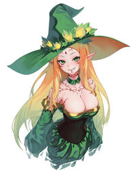  black_corset blonde_hair body_markings breasts cleavage commentary corset dress elf english_commentary facial_mark female flower forehead_mark gemi_ningen green_dress green_eyes green_hat grin hat highres large_breasts long_hair looking_at_viewer low_neckline off-shoulder_dress off_shoulder original pathfinder pointy_ears sharp_teeth simple_background smile solo teeth upper_body very_long_hair white_background witch_hat 