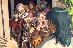  &gt;_&lt; 6+girls alternate_universe animal_costume bee_costume bernadetta_von_varley blue_hair blush_stickers byleth_(female)_(fire_emblem) byleth_(fire_emblem) candy cow_costume edelgard_von_hresvelg english_commentary fangs fire_emblem fire_emblem:_three_houses food green_hair green_little grey_hair hair_ribbon halloween halloween_costume hat lysithea_von_ordelia marianne_von_edmund mask mask_on_head multiple_girls petra_macneary purple_hair ribbon sitri_(fire_emblem) skeleton_costume vampire_costume witch witch_hat 