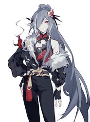  bare_shoulders black_gloves black_jacket black_pants closed_mouth female fingerless_gloves fu_hua fu_hua_(herrscher_of_sentience) fur-trimmed_jacket fur_trim gloves grey_hair hair_over_one_eye hand_on_own_hip haruka_(rsyaooooo) highres honkai_(series) honkai_impact_3rd jacket long_hair long_sleeves multicolored_hair pants ponytail puffy_long_sleeves puffy_sleeves red_eyes shirt simple_background sleeveless sleeveless_shirt smile solo standing streaked_hair very_long_hair white_background white_hair 