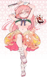  absurdres adapted_costume blush breasts closed_mouth female folded_fan folding_fan fox_mask full_body hand_fan hata_no_kokoro highres holding holding_fan large_breasts long_hair looking_at_viewer mask massakasama navel orange_skirt pink_eyes pink_hair revealing_clothes shoes skirt socks solo standing standing_on_one_leg touhou underboob white_footwear white_socks 