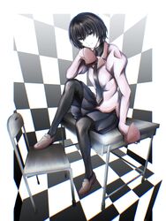  black_eyes black_hair black_necktie black_pantyhose black_skirt black_undershirt brown_footwear chair checkered_floor checkered_wall closed_mouth commentary desk elbow_rest female hair_between_eyes head_rest highres knee_up loafers monogatari_(series) naoetsu_high_school_uniform necktie on_desk oshino_ougi pale_skin pantyhose pink_shirt pleated_skirt puffy_sleeves school_chair school_desk school_uniform shirt shoes sitting skirt sleeves_past_fingers sleeves_past_wrists smile solo tile_floor tile_wall tiles tsukihi_shida turtleneck very_long_sleeves 