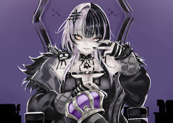  absurdres black_choker black_coat black_dress black_gloves black_hair black_nails breasts chest_belt choker cleavage coat colored_skin commentary crown dress english_commentary female fur-trimmed_dress fur_trim gloves highres hololive hololive_english king_(vocaloid) lace-trimmed_choker lace_trim large_breasts looking_at_viewer mea_(manami030) multicolored_hair nail_polish purple_background shiori_novella shiori_novella_(1st_costume) smile split-color_hair striped_clothes striped_gloves virtual_youtuber white_hair white_skin yellow_eyes yorick_(shiori_novella) 