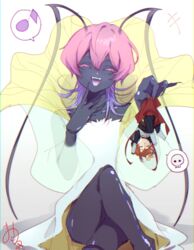  1boy antennae armor arthropod_girl bee_girl black_skin cape chibi colored_skin crossed_legs dress female highres kajiyama_fuuta kao_ru05 kusunoki_muu milgram multicolored_hair pink_background pink_hair purple_hair red_cape red_hair short_hair sitting spoken_skull white_dress 