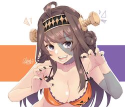  ahoge alakoala alternate_costume bikini bikini_top_only boots breasts brown_hair cleavage double_bun female hair_bun headgear kantai_collection kongou_(kancolle) large_breasts long_hair object_through_head oerba_yun_fang orange_bikini patchwork_skin purple_eyes screw_in_head solo swimsuit thigh_boots 