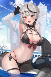  :d absurdres bikini black_bikini black_collar black_gloves blue_sky bow breasts cleavage cloud collar day female fingerless_gloves gloves grey_hair hair_down highres hololive inflatable_orca inflatable_toy large_breasts long_hair looking_at_viewer multicolored_hair navel open_mouth outdoors red_bow red_eyes sakamata_chloe sky smile solo stomach straight_hair streaked_hair swimsuit tojo_aoi virtual_youtuber water wet 