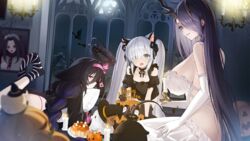  3girls adventure_galley_(azur_lane) adventure_galley_(carnival_under_the_blood_moon)_(azur_lane) all_fours animal_ears azur_lane black_dress black_socks black_thighhighs blue_eyes braid breasts cat_ears chungu clothing_cutout dress elbow_gloves fake_animal_ears feet_up gloves golden_hind_(azur_lane) golden_hind_(forlorn_femme_fatale)_(azur_lane) hair_between_eyes hair_over_one_eye hairband half-closed_eyes halloween hat horns huge_breasts hugging_object indoors jack-o&#039;-lantern janus_(azur_lane) janus_(fright-night_scaredy-cat)_(azur_lane) long_dress long_hair lying manjuu_(azur_lane) mouth_hold multiple_girls navel no_shoes non-web_source official_alternate_costume on_stomach open_mouth panties pillow pillow_hug pink_hairband pink_panties portrait_(object) puffy_short_sleeves puffy_sleeves purple_eyes purple_hair see-through see-through_dress short_dress short_sleeves shoulder_cutout sitting small_breasts socks striped_clothes striped_socks thighhighs twintails umbrella_octopus underwear very_long_hair white_dress white_gloves white_hair white_socks whydah_(azur_lane) whydah_(lazy_pirate_angel)_(azur_lane) witch_hat 