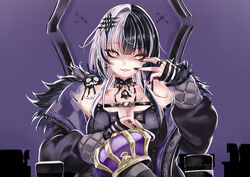  absurdres black_choker black_coat black_dress black_gloves black_hair black_nails breasts chest_belt choker cleavage coat commentary crown dress english_commentary female fur-trimmed_dress fur_trim gloves highres hololive hololive_english king_(vocaloid) lace-trimmed_choker lace_trim large_breasts looking_at_viewer mea_(manami030) multicolored_hair nail_polish purple_background shiori_novella shiori_novella_(1st_costume) smile split-color_hair striped_clothes striped_gloves virtual_youtuber white_hair yellow_eyes yorick_(shiori_novella) 