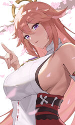  absurdres animal_ears breasts cherry_blossoms detached_sleeves female fingernails floppy_ears fox_ears fox_girl fox_shadow_puppet genshin_impact hair_between_eyes hair_ornament halo higashiwun_izumi highres large_breasts light_blush long_hair looking_at_viewer open_mouth pink_hair purple_eyes raised_eyebrows red_sash sash sideboob sleeveless smile solo turtleneck white_background white_sleeves yae_miko 